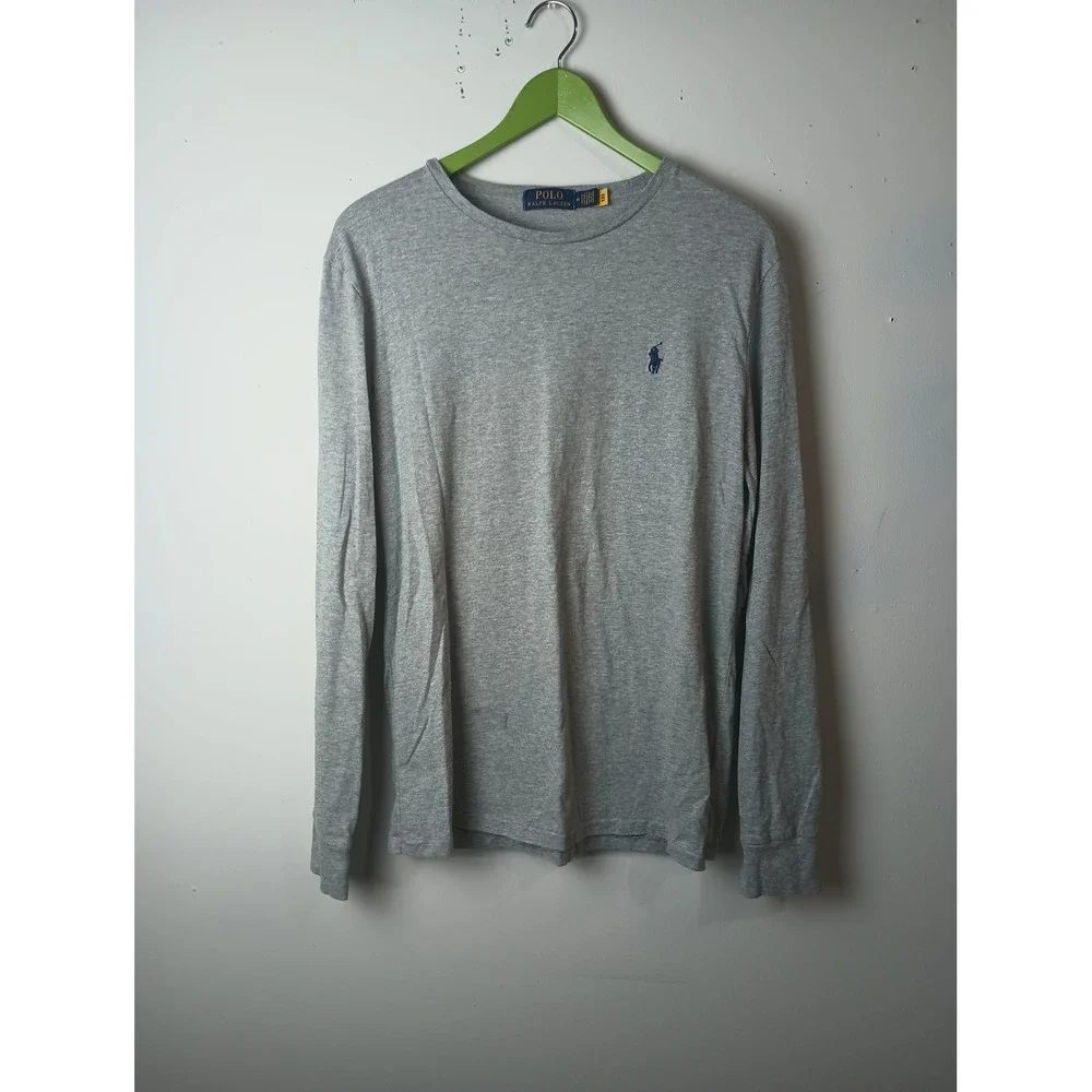 Polo Ralph Lauren Mens Long Sleeve Crewneck T-Shirt Heather Gray Blue Pony M